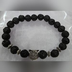 Black Lava Rock and Silver Owl Charm Bracelet